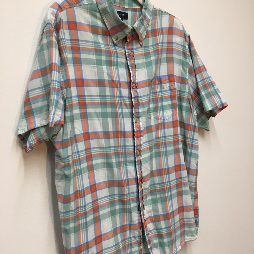 Lands’ End Traditional Fit Short Sleeve Button Up Shirt Large Plaid Green Casual - Picture 5 of 7